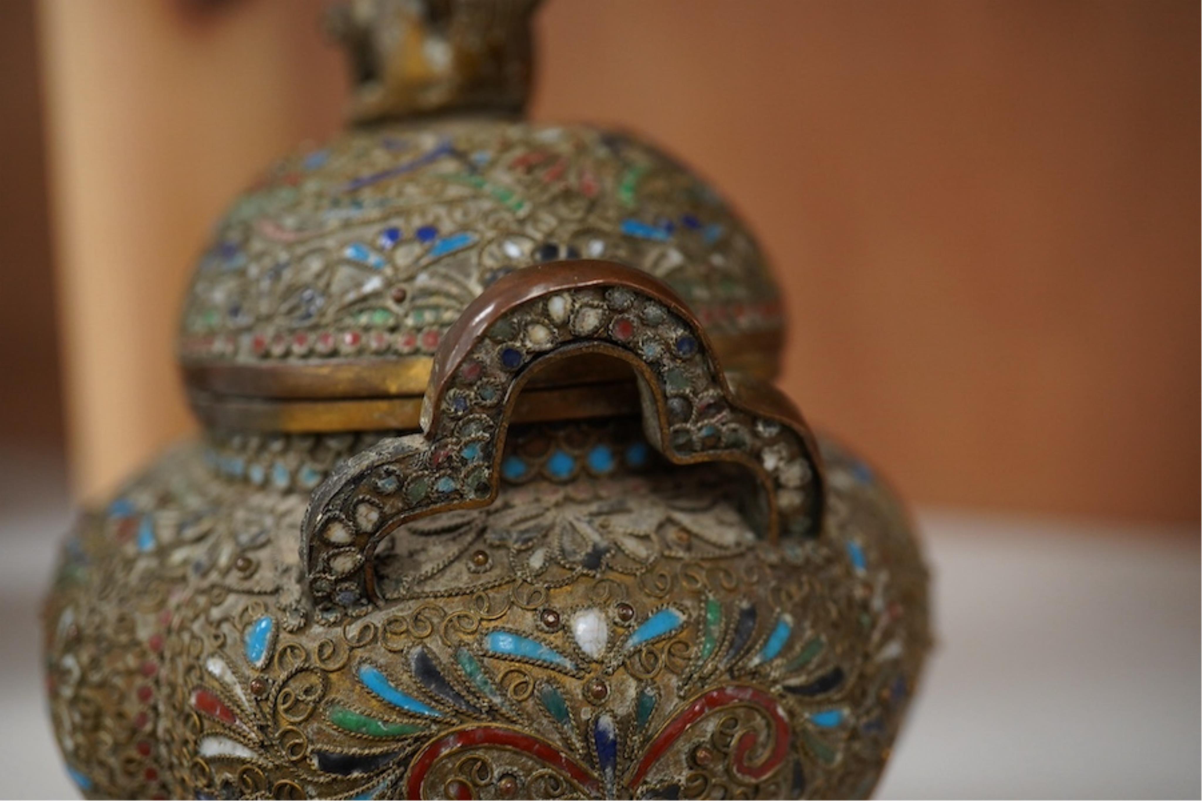 Sino Tibetan? koro and cover, 15cm high. Condition - interior enamelling worn